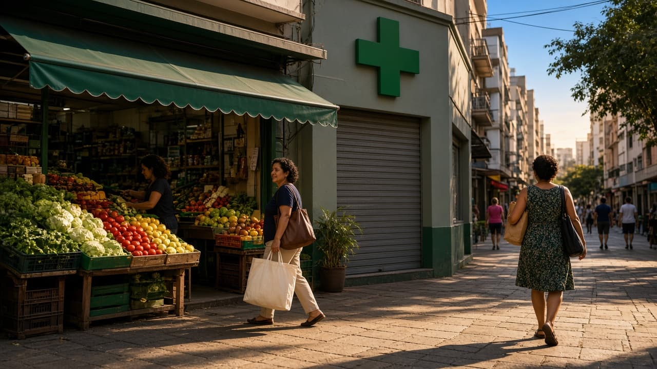 Comércio de bairro com mercearia e farmácia na mesma calçada