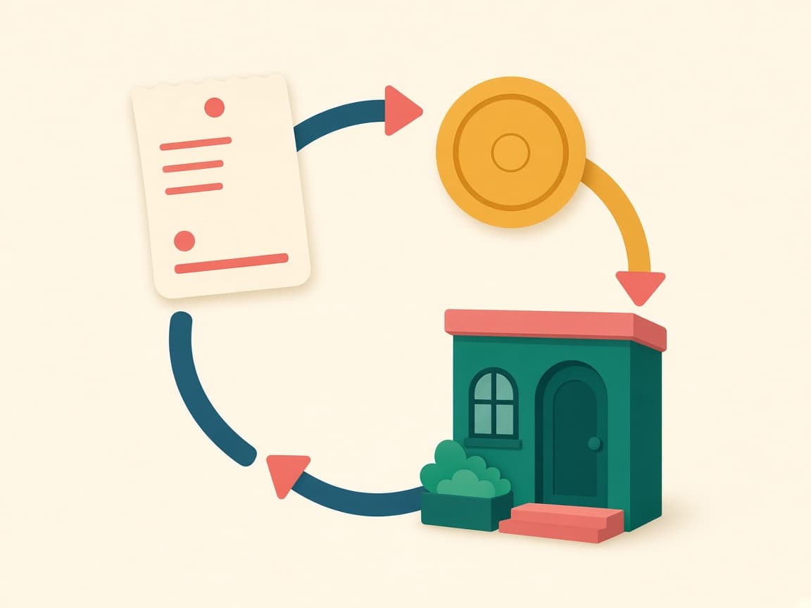 Ilustração do ciclo: nota fiscal, benefício e volta à loja