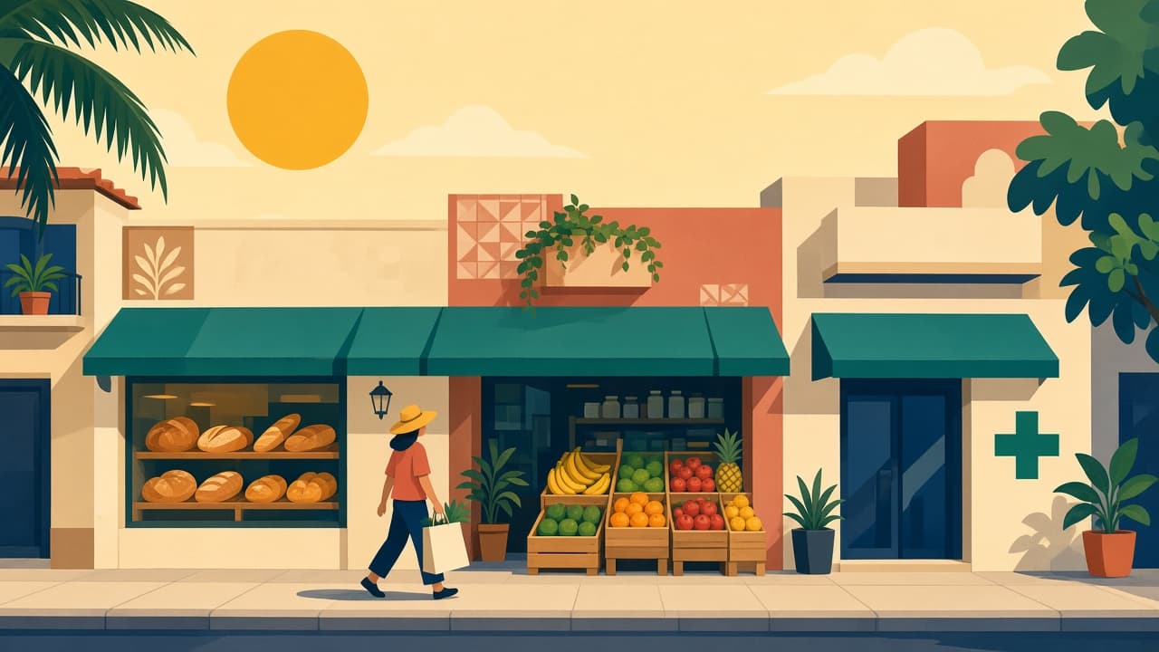 Ilustração de padaria, hortifruti e farmácia numa rua de bairro