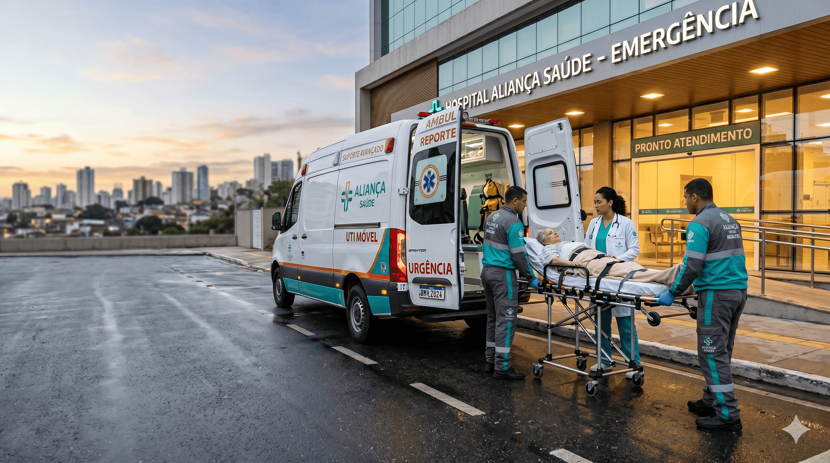 Ambulância chegando ao hospital com equipe em operação coordenada