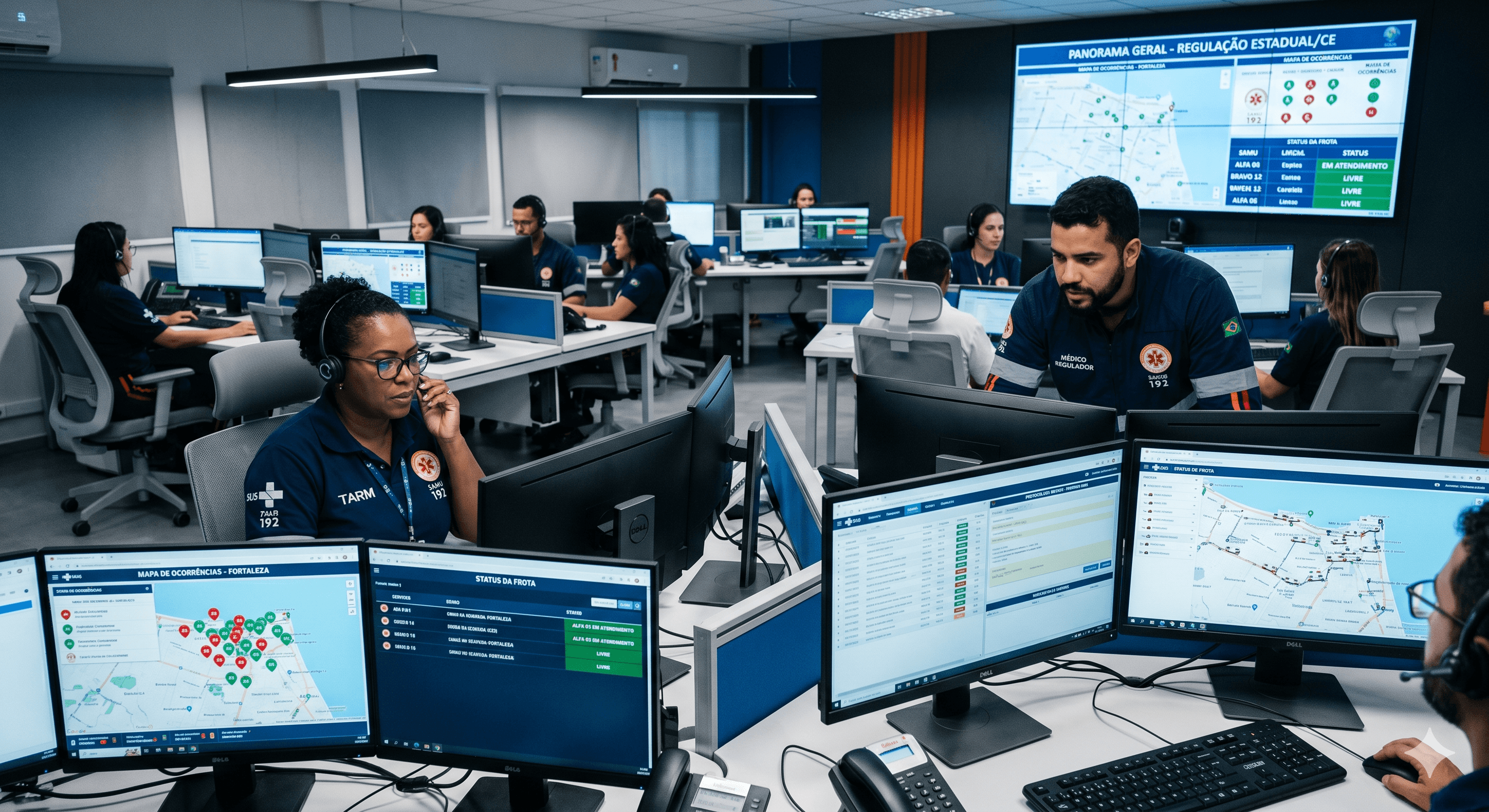 Central de regulação com TARM, médico regulador e painéis operacionais